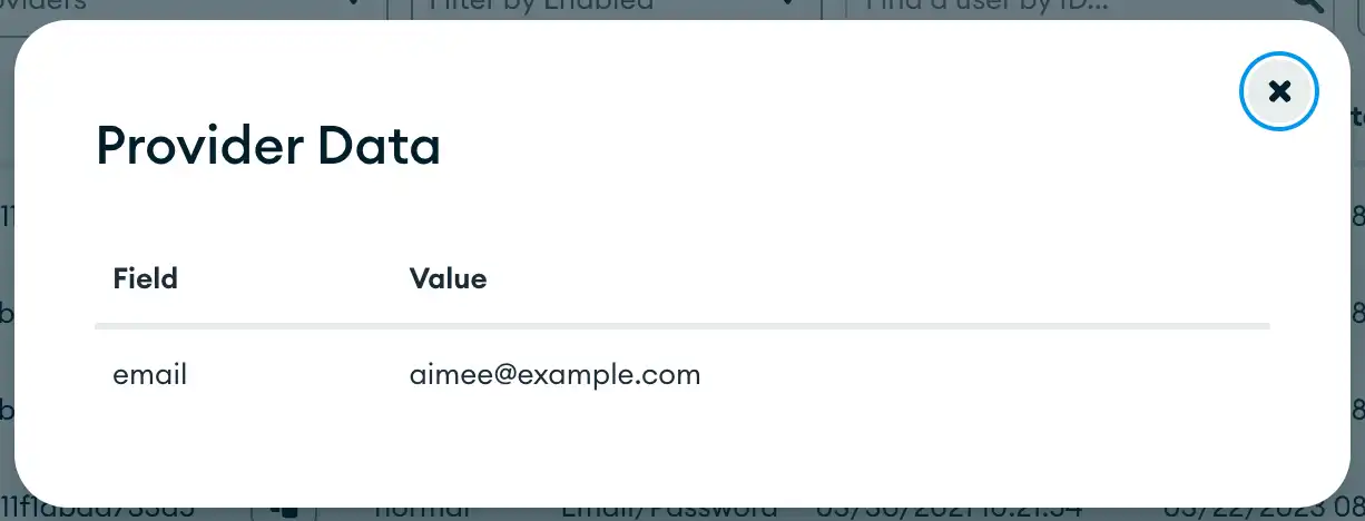 A detail view for a specific user that lists metadata about them from an authentication provider