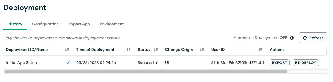 The table of application deployment history logs in the App Services UI