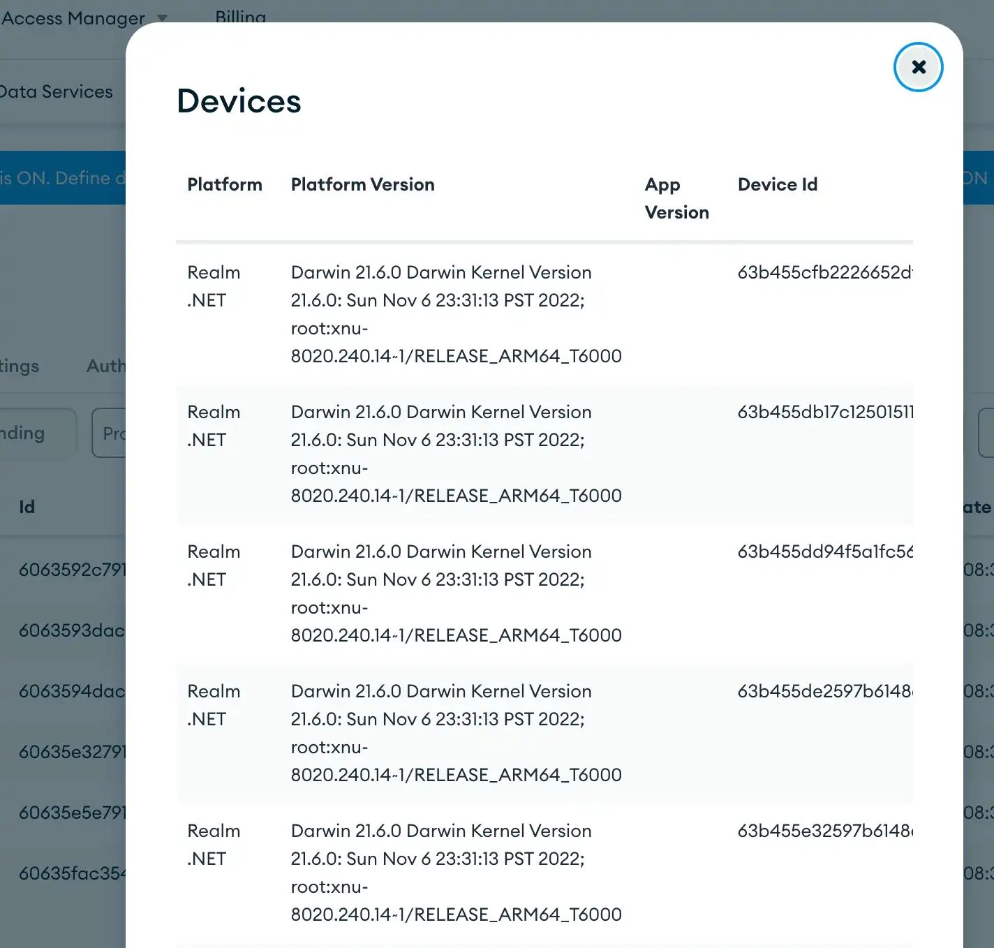 A detail view for a specific user that lists devices they've used with your app