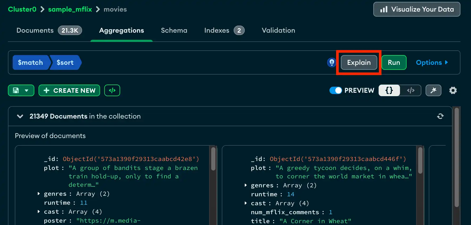 Explain button on aggregation pipeline