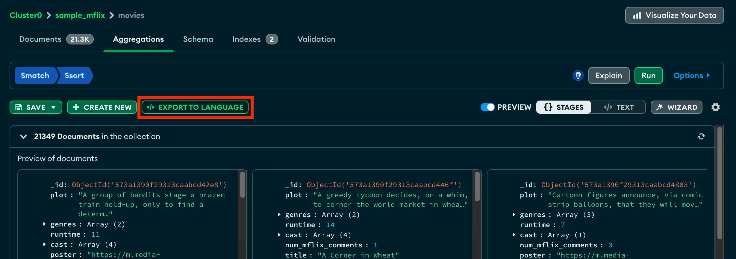 Aggregation Builder export button