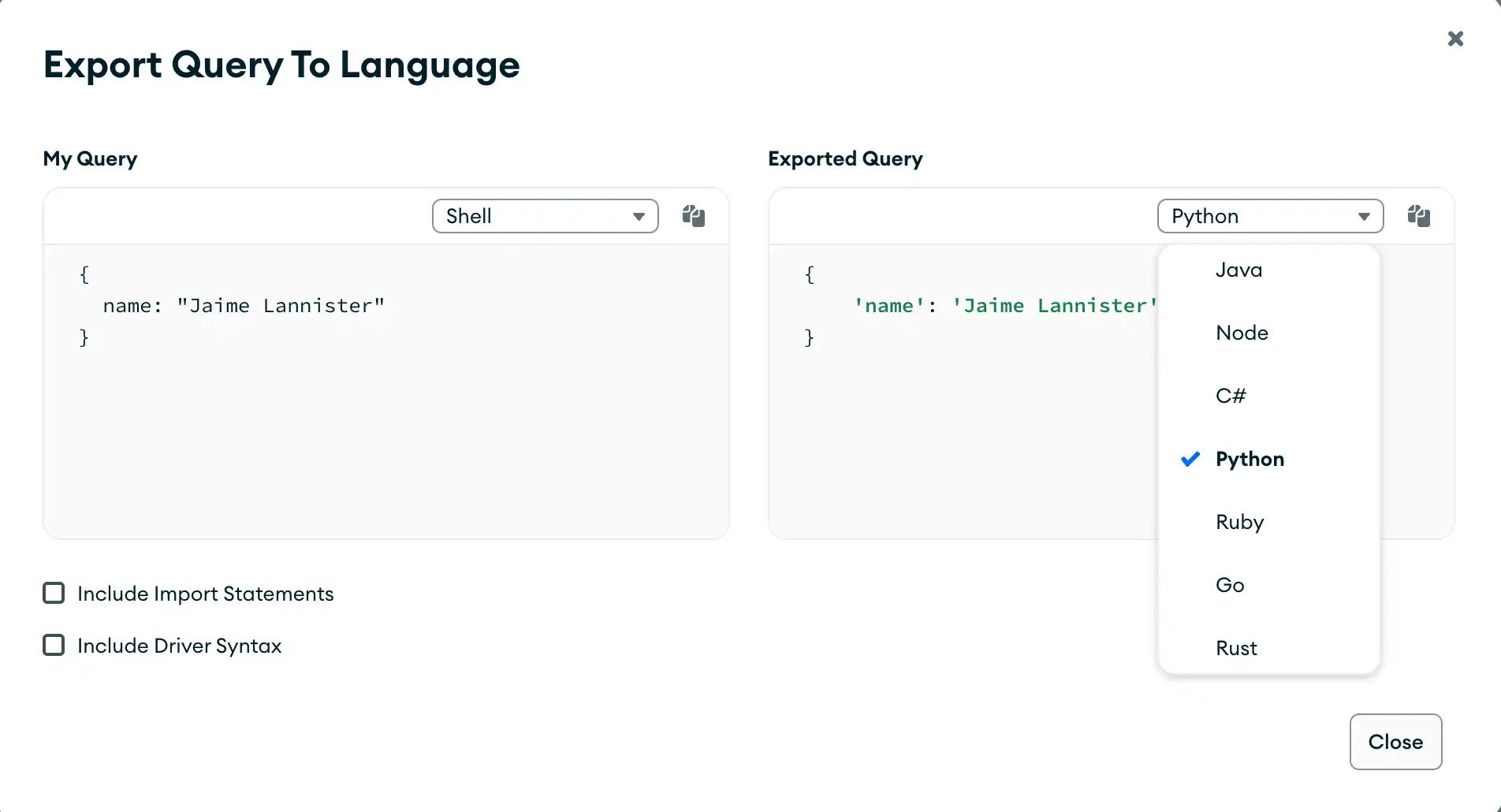 Query bar language select