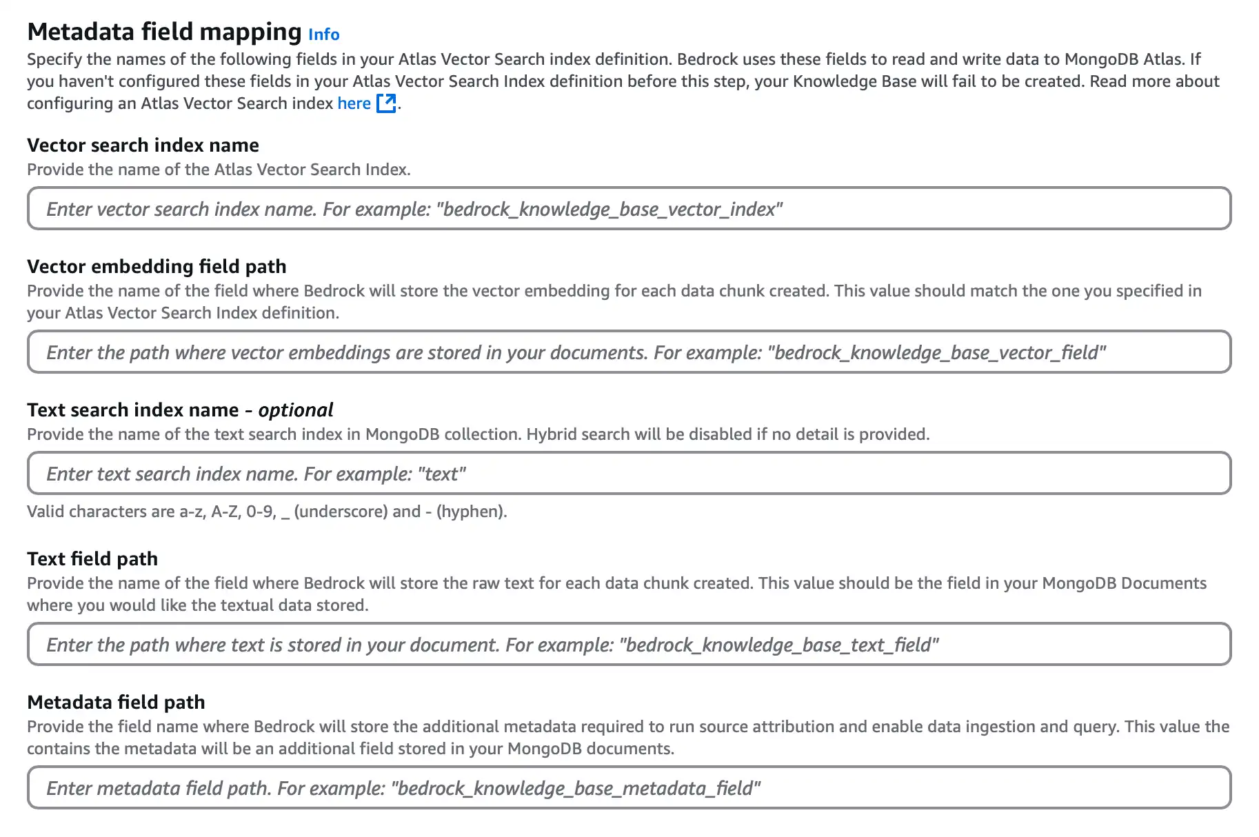 Screenshot of the vector store field mapping configuration section.