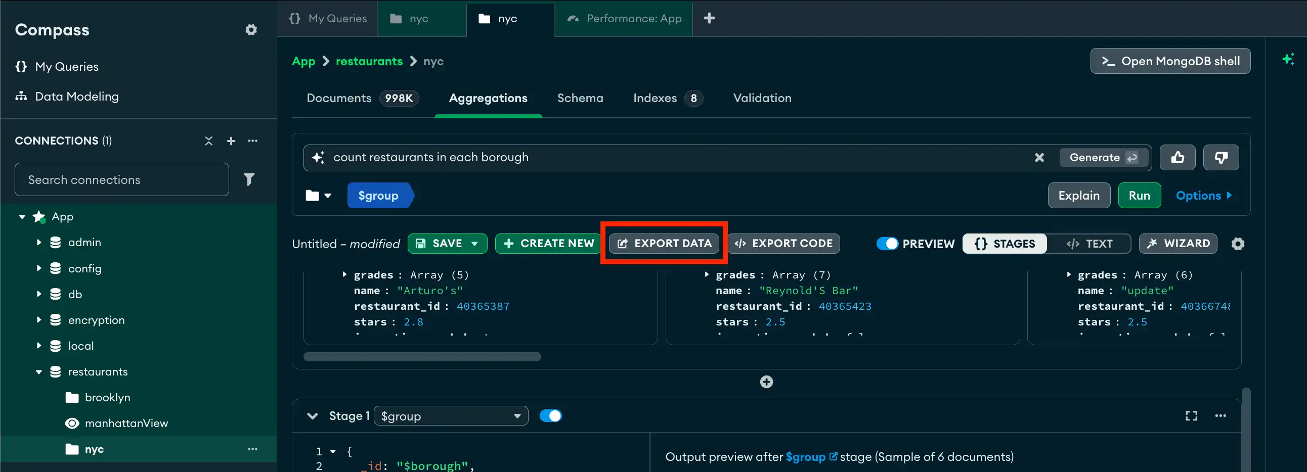 Export button on aggregation pipeline