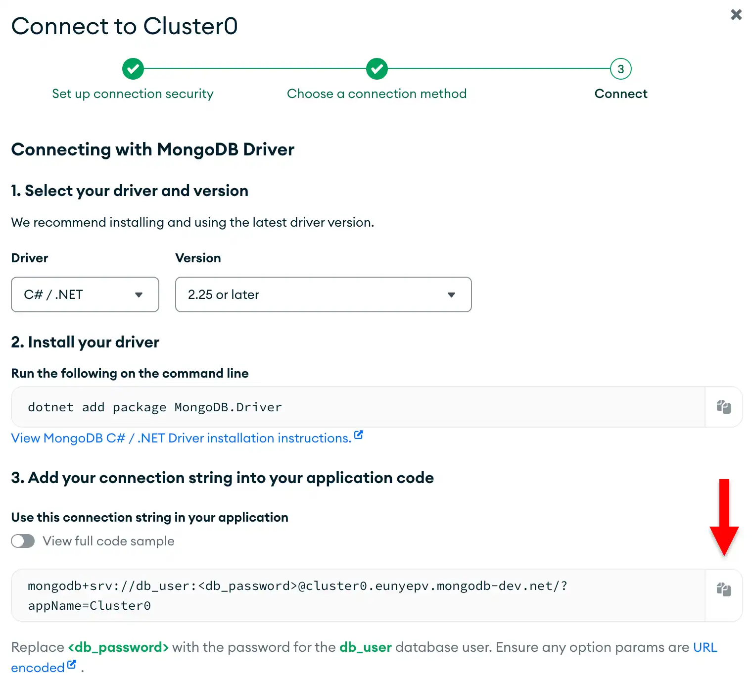 The connection string copy button in the Atlas UI