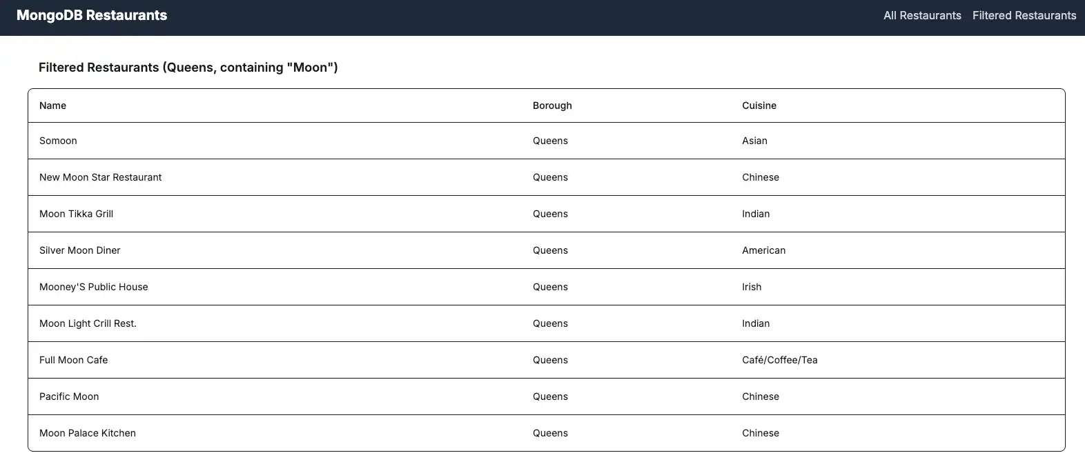 The web page that displays the matching restaurants