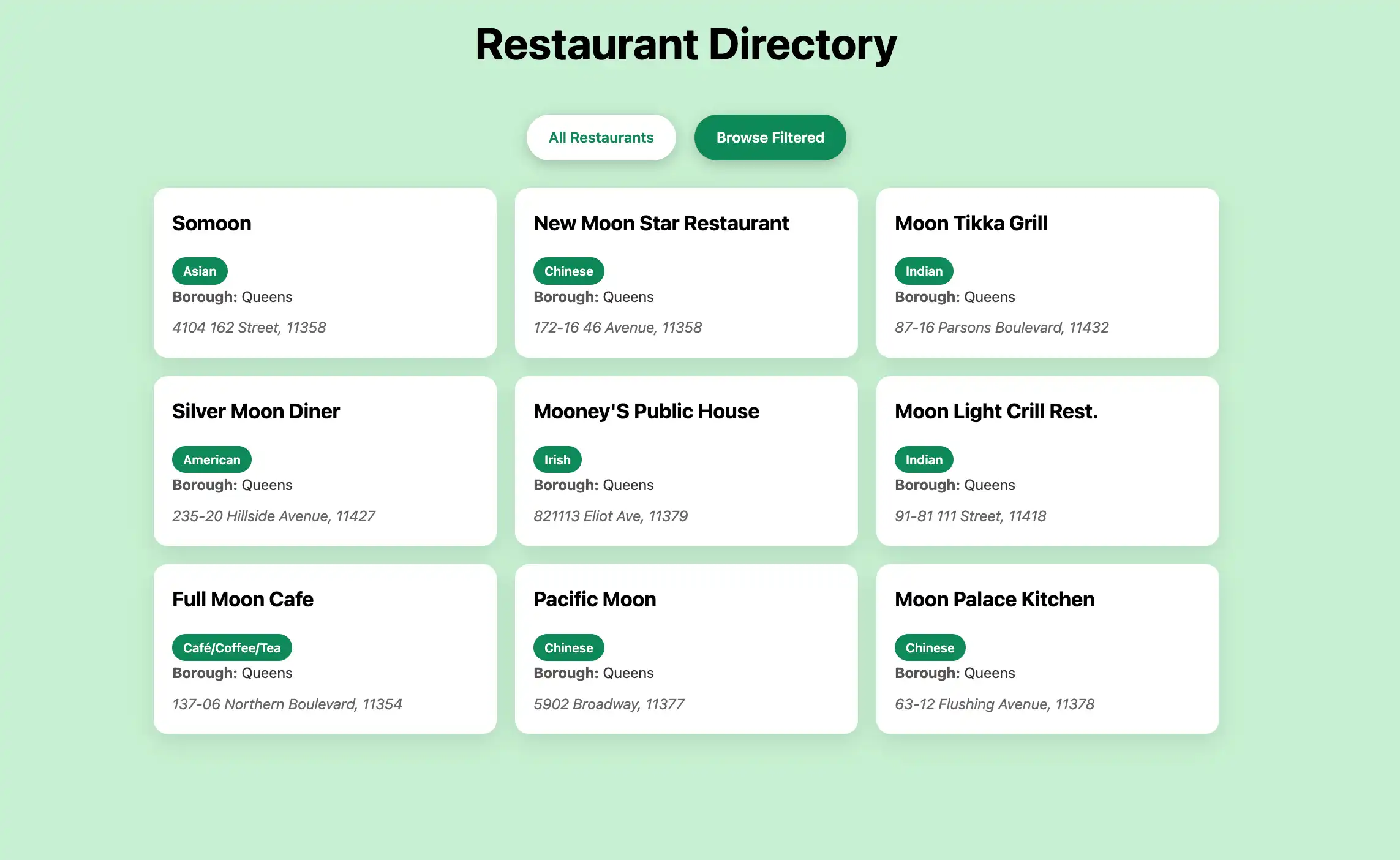 The web page that displays the filtered restaurants