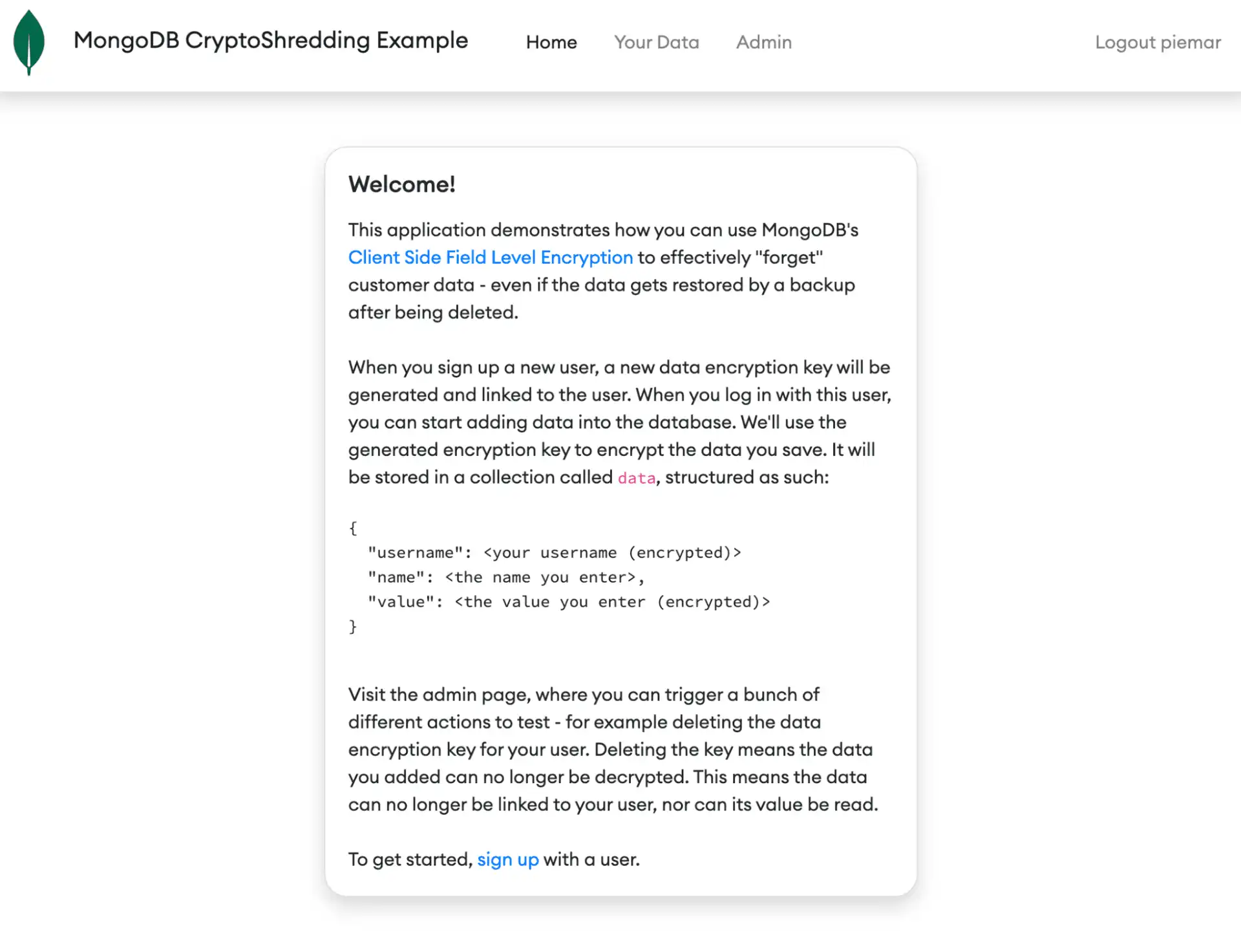An example of the crypto shredding UI