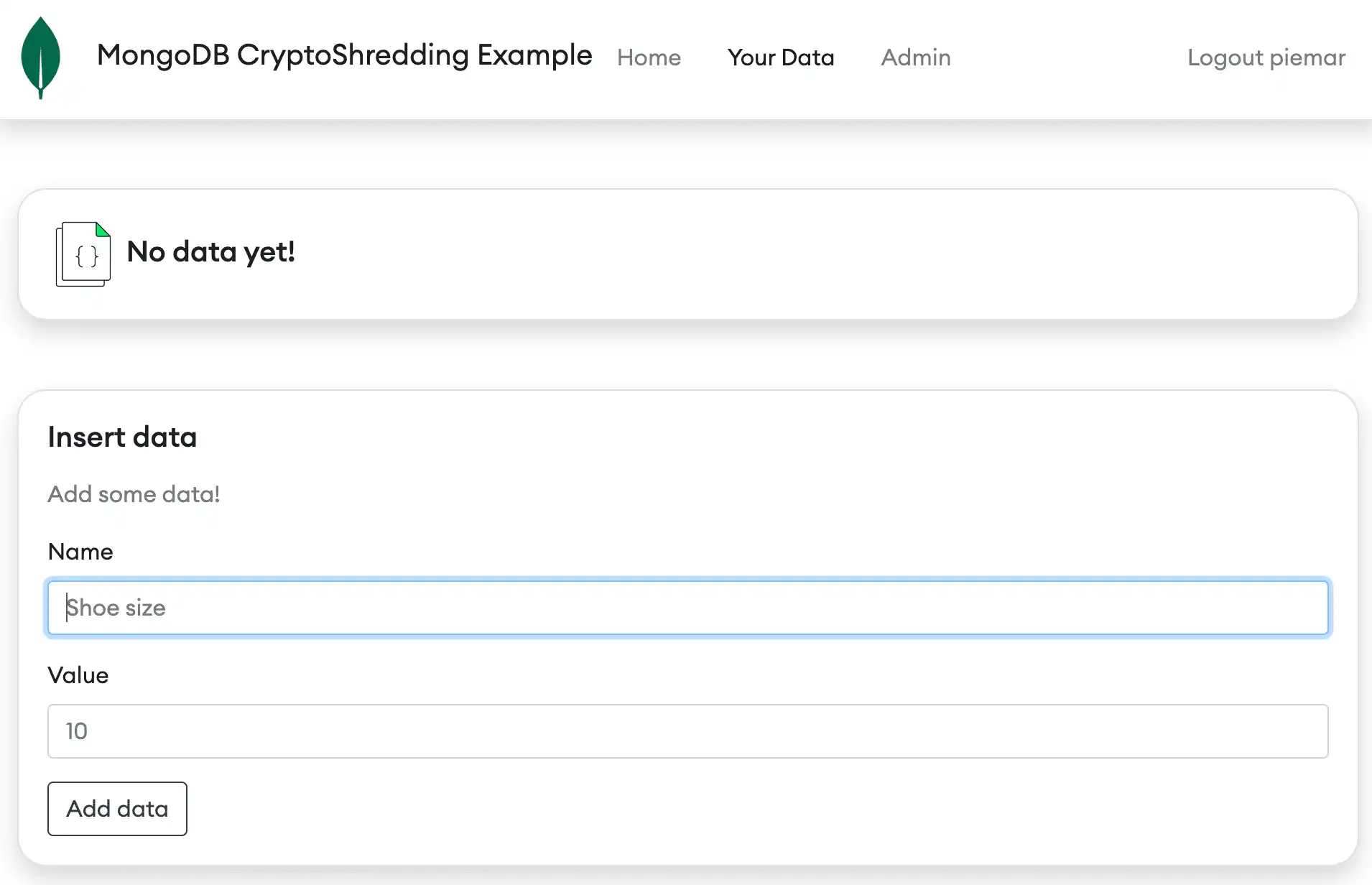 A sample UI for adding data