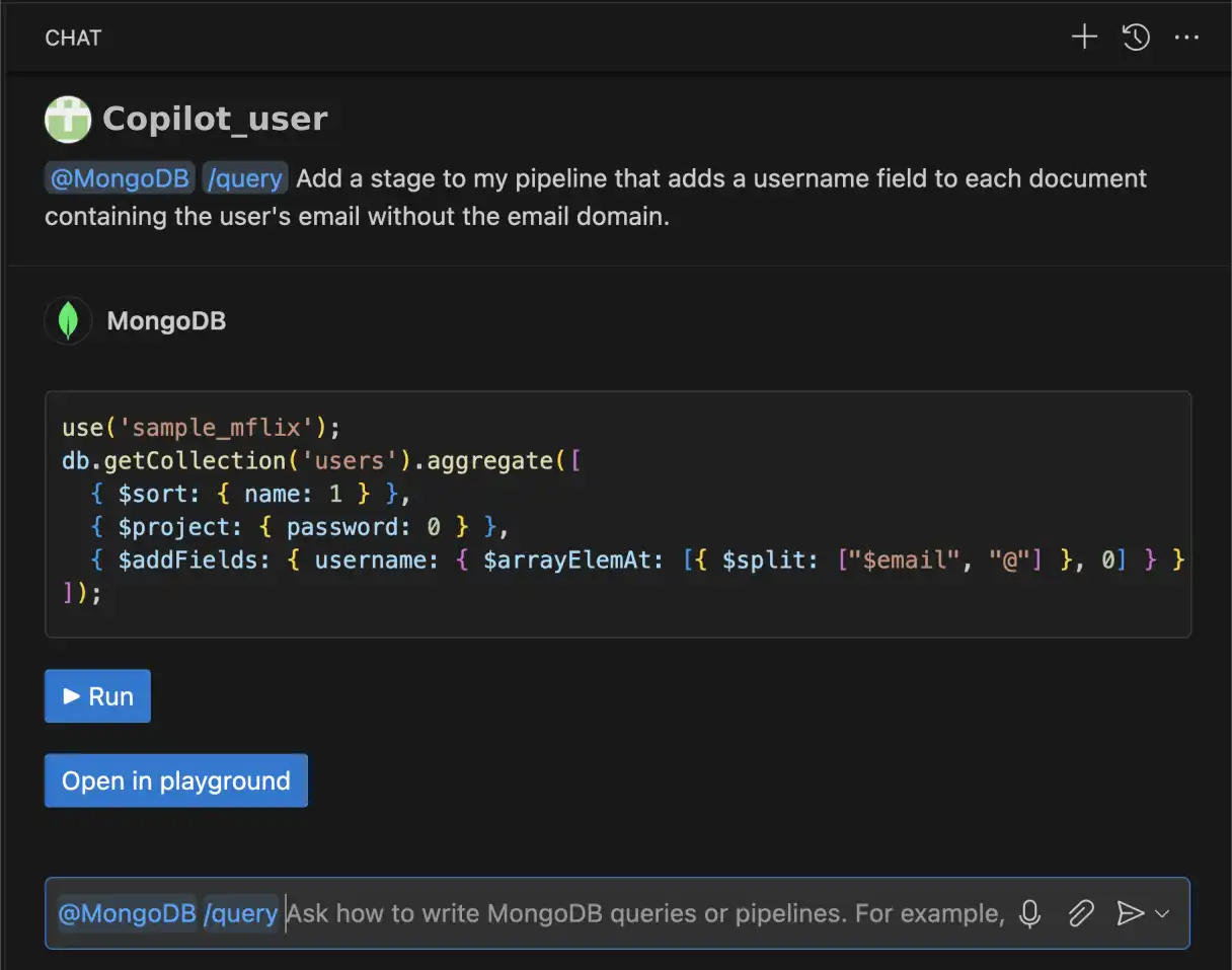 Screenshot of copilot iteratively building on an aggregation pipeline