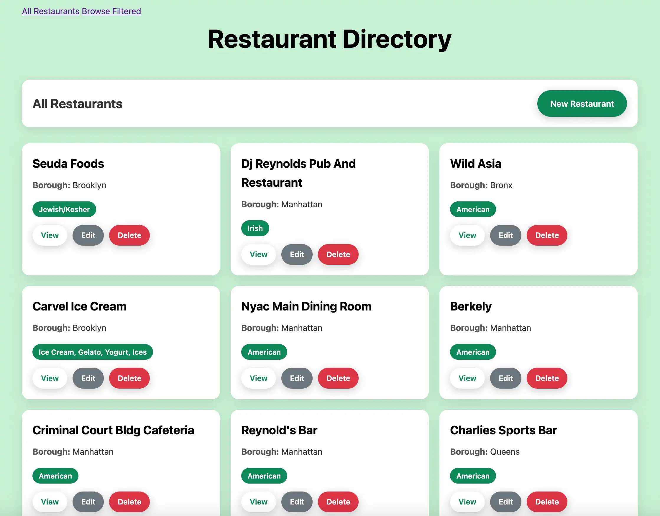 The web page that displays all restaurants