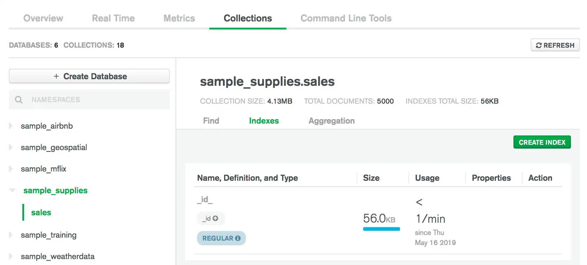 Screenshot highlighting index view in Data Explorer.